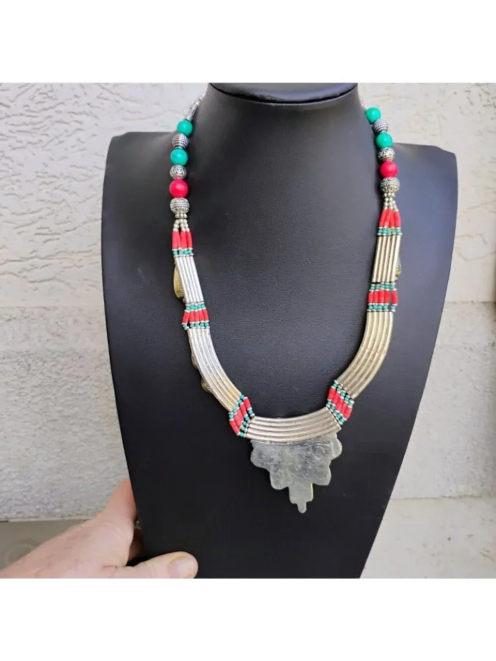 Handcrafted Tibetan Silver Collar Necklace w/Inlay Turquoise & Coral w/Beads